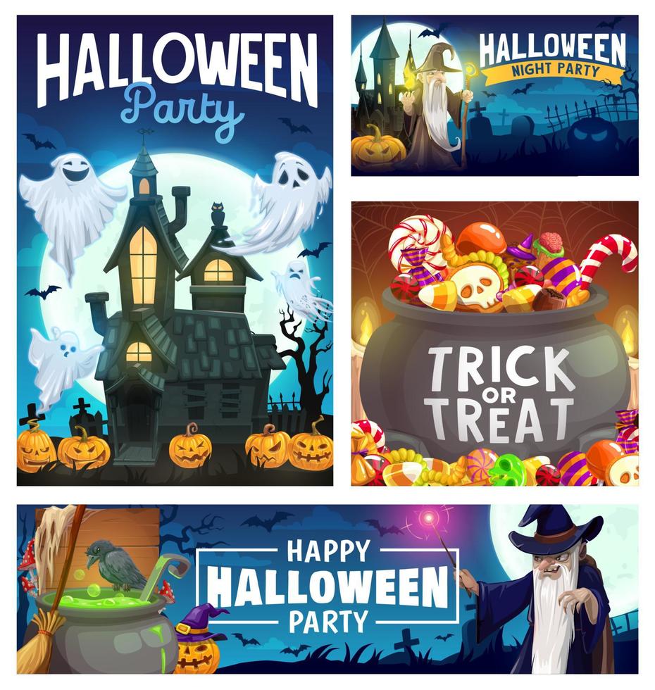 Halloween-Kürbisse, Geister, Zauberer und Süßigkeiten vektor