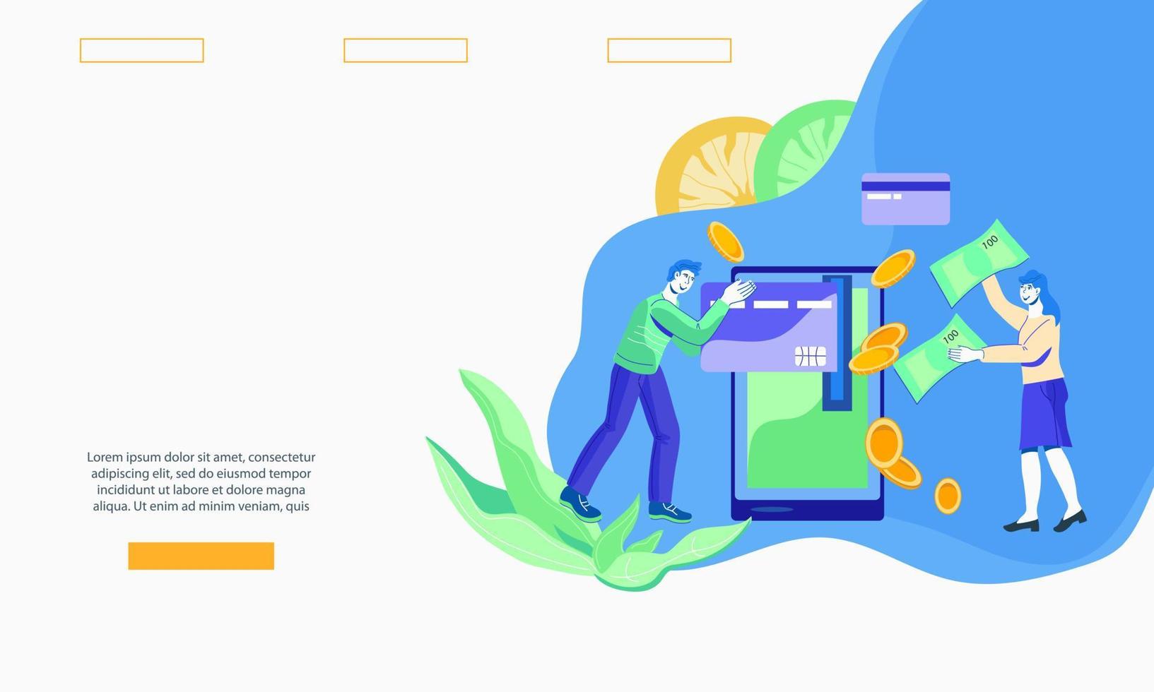 hemsida gränssnitt attrapp för bank och kreditera kort betalning med människor framställning pengar transaktioner uppkopplad. e-handel teknologi landning sida mall. platt vektor illustration.