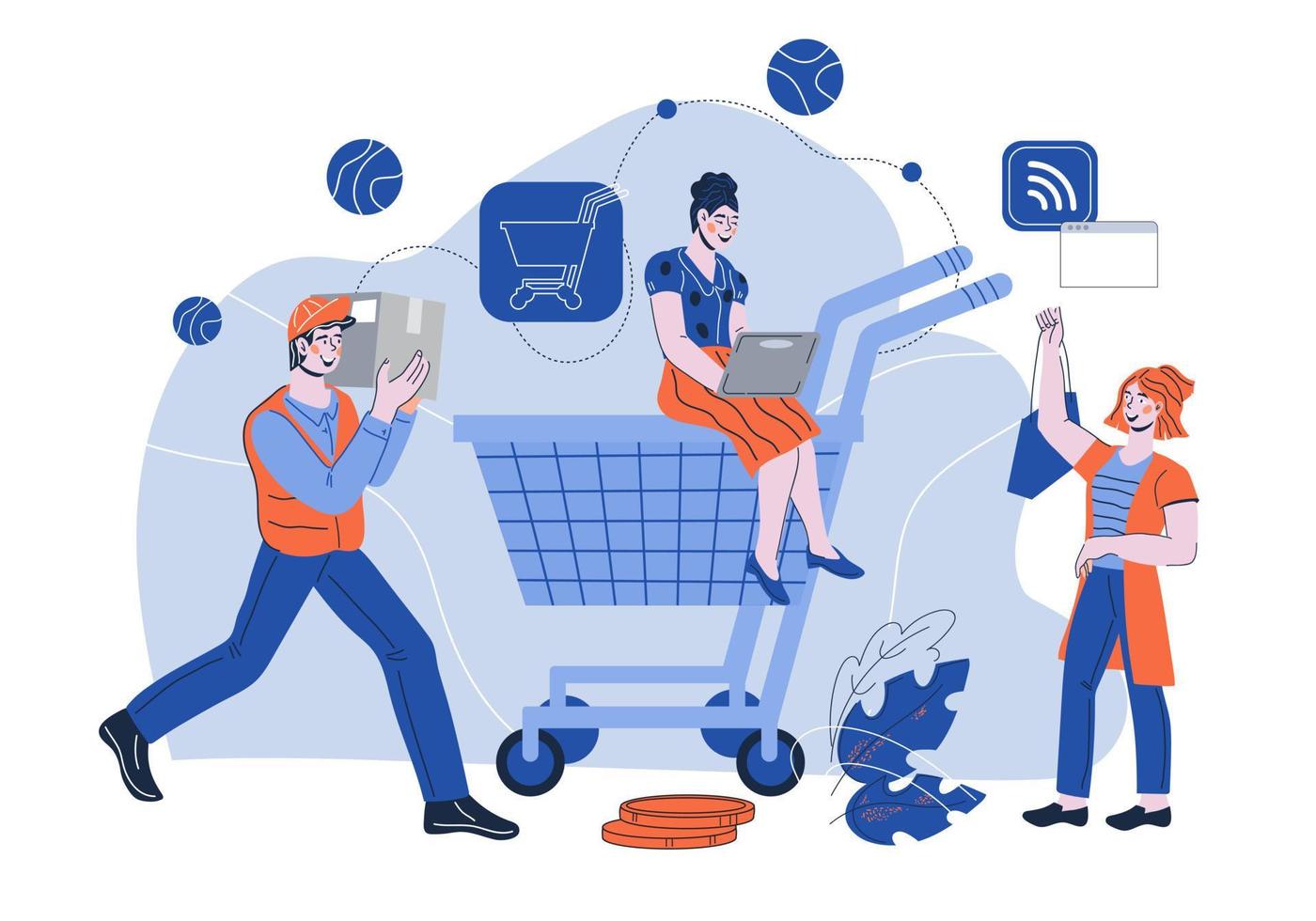 Online-Shopping- und E-Commerce-Vorlage mit Personen, die Waren bestellen und kaufen. Kurier liefert Kauf. Internet-Shopping und Marketing-Geschäftskonzept. flache Cartoon-Vektor-Illustration. vektor