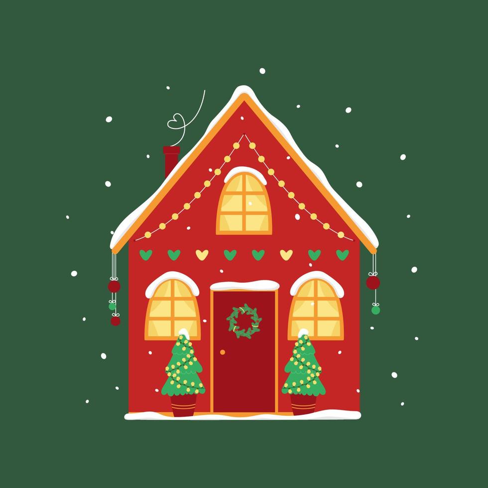 weihnachtshaus geschmückt mit einer girlande, einem kranz und kugeln mit weihnachtsbäumen unter einem schneefall auf grünem hintergrund. neujahr, weihnachtsfeier. flache vektorillustration für grußkarte, plakat vektor