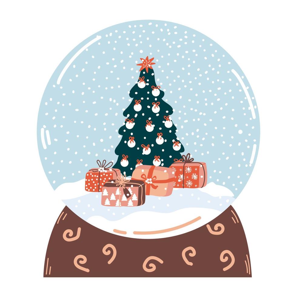 snö klot med jul träd och gåva lådor. vektor snö boll. närvarande för mysigt vinter- tid