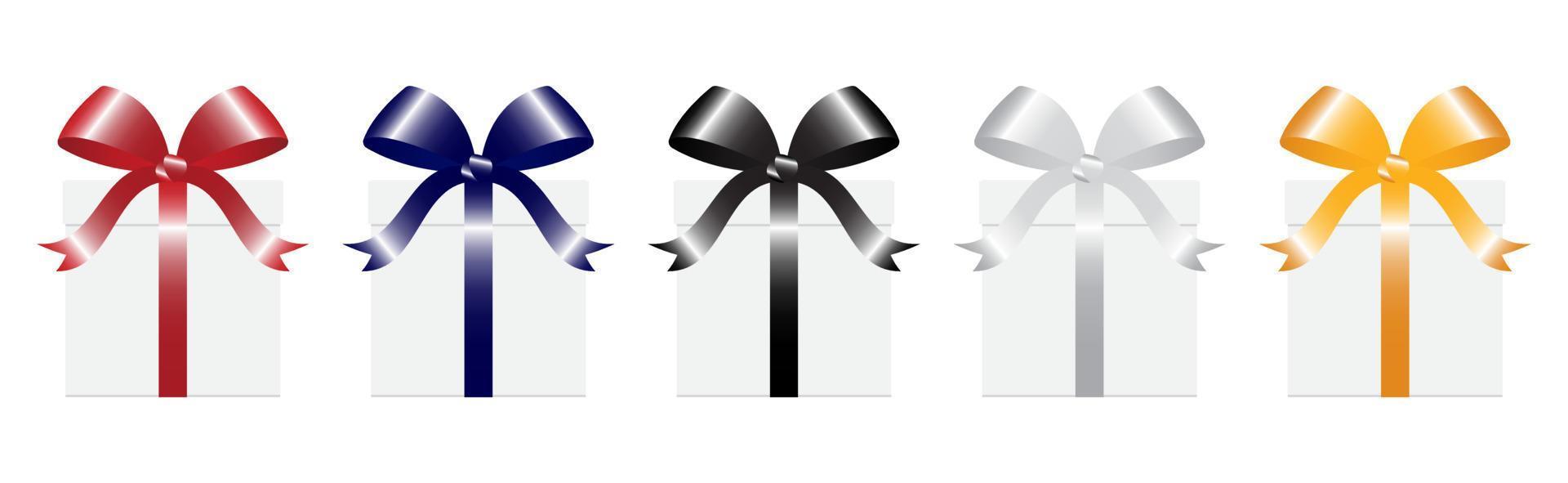 Vektorset aus weißen Geschenkboxen mit verschiedenen Farbbändern. realistische giftbox in der vorderansicht, lokalisiert auf weißem hintergrund vektor