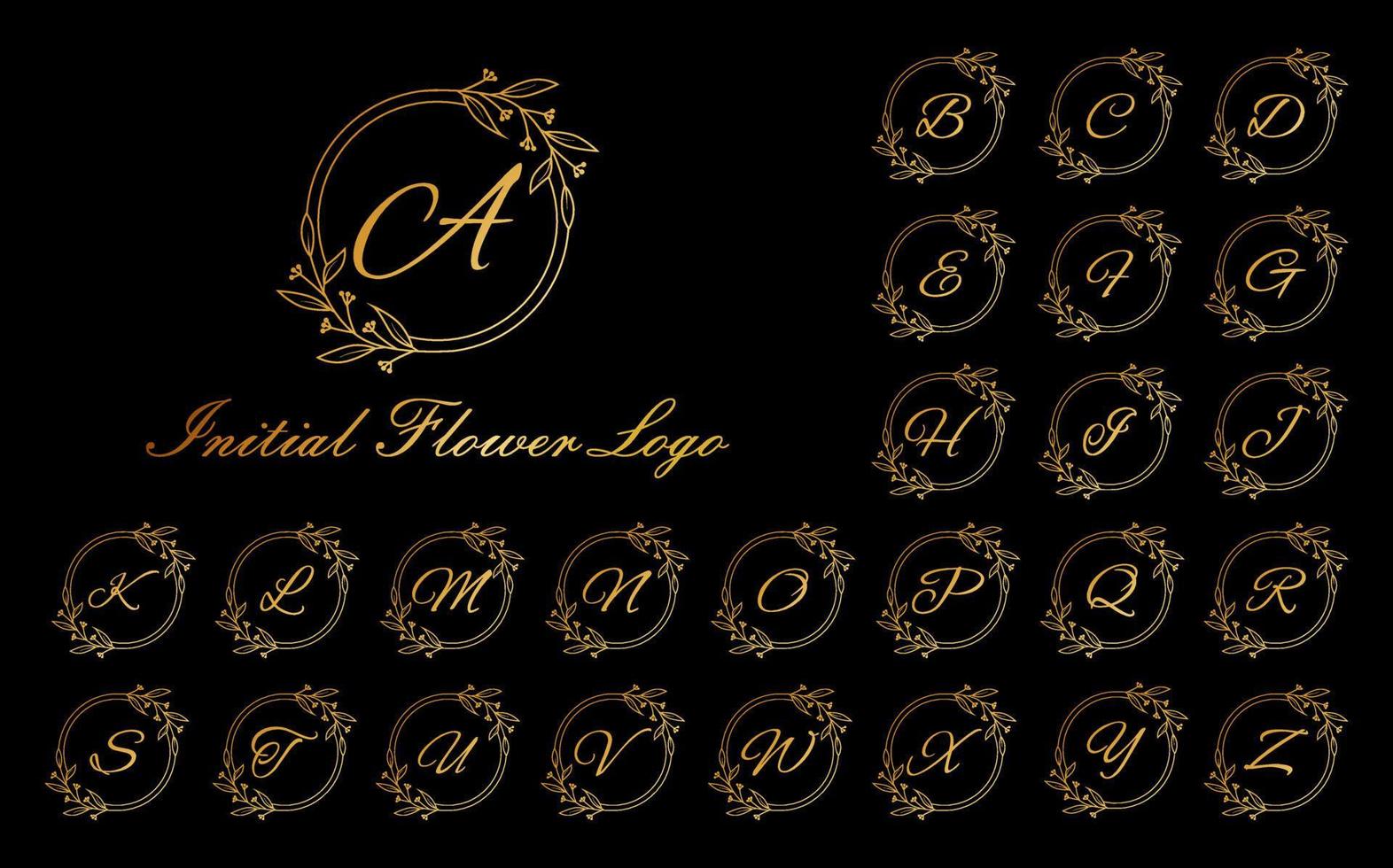 uppsättning av lyx cirkel alfabet brev blommig design. elegant guld alfabet kunglig logotyp ikon. vektor