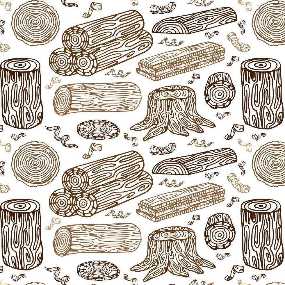 trä, brinnande material. vektor skiss illustration samling. material för trä industri. stubbe, gren, timmer. träd virke. bakgrund, tapet, mönster. mall för skriva ut, webb design