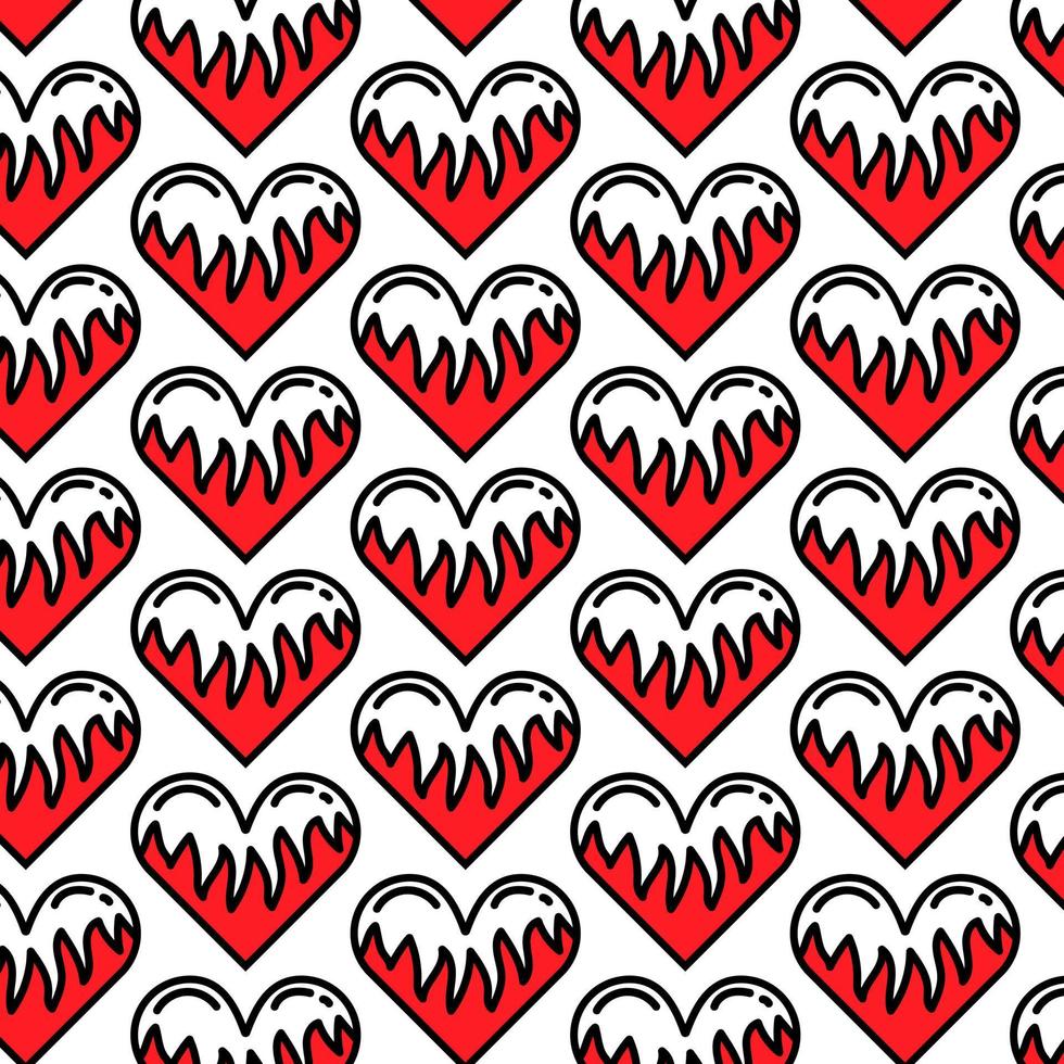 mönster i platt stil. hjärta på brand och lågor på ett isolerat vit bakgrund. platt röd hjärta slickade med lågor. samling av grafik för t-shirt eller mode tyg, textil, tapet vektor