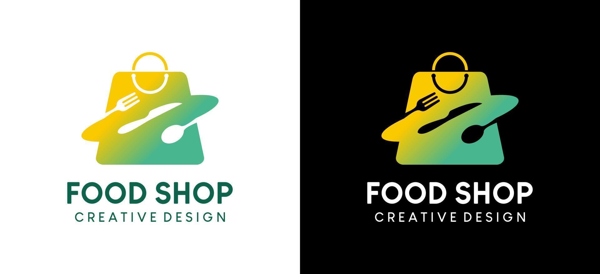 Lebensmittellogodesign, Vektorillustration des Lebensmitteleinkaufs mit Einkaufstasche und Besteckmischung vektor