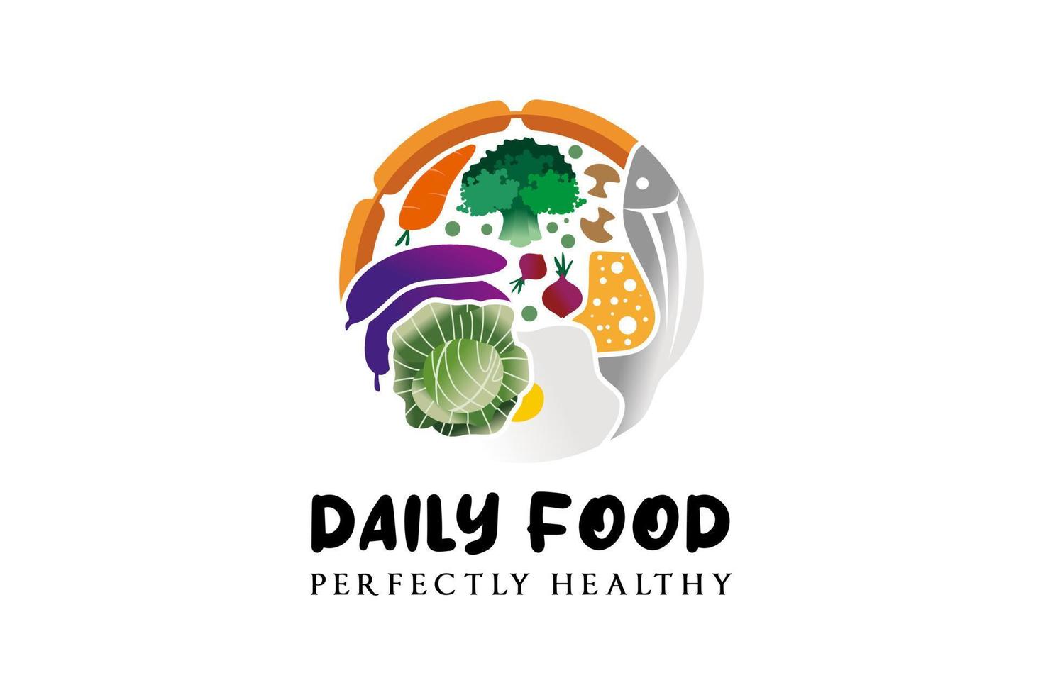 Food-Logo-Design, gesundes Essen mit Eiern, Käse, Fisch und Vegetarier vektor