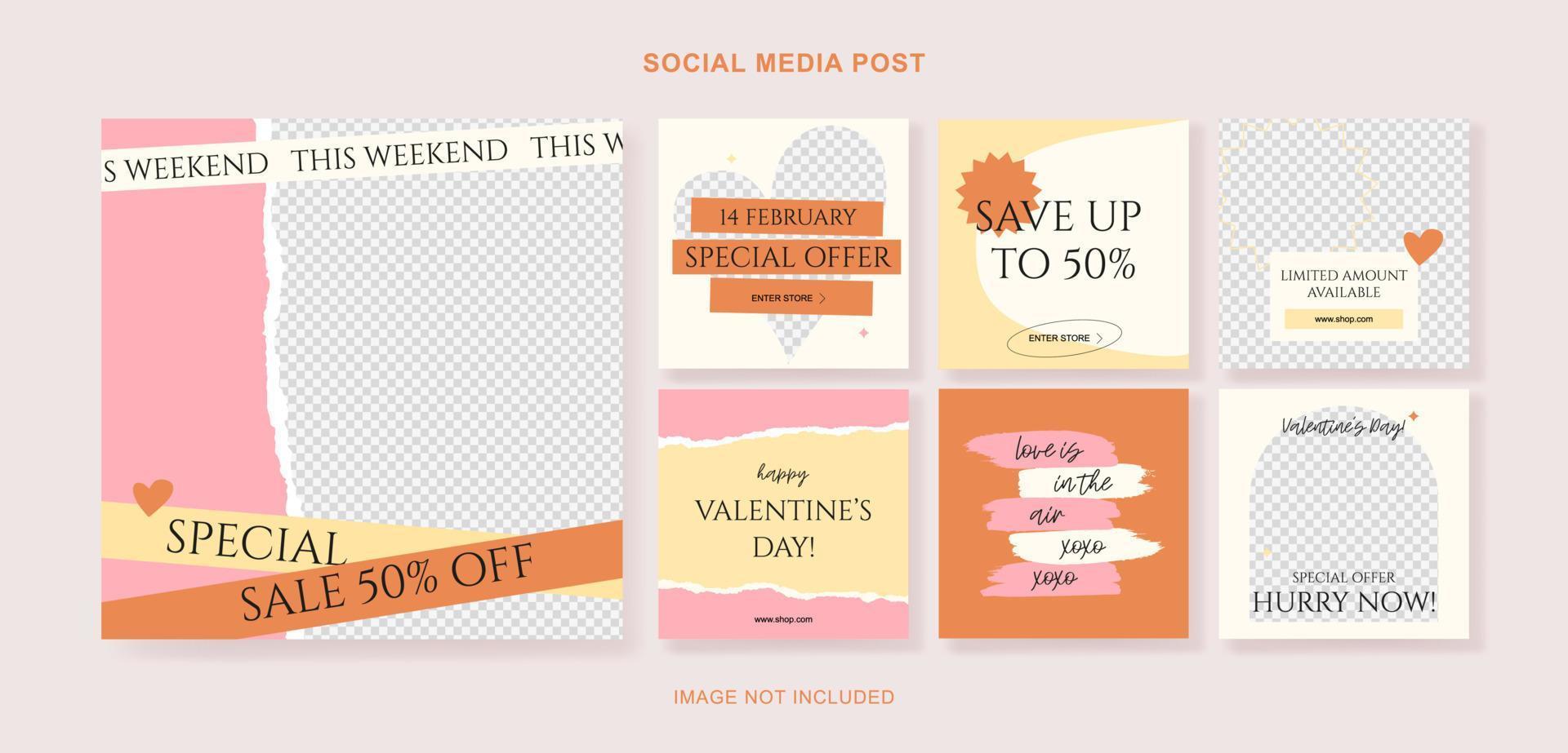 Social-Media-Post-Vorlagen für digitales Marketing und Verkaufsförderung am Valentinstag. Modewerbung. bieten Social-Media-Banner. Vektor Fotorahmen Modell Illustration