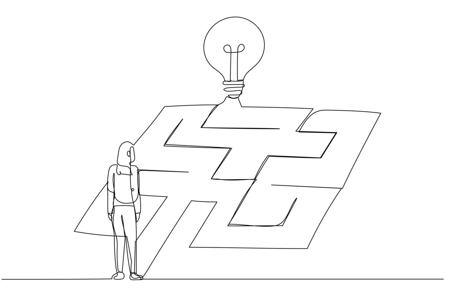 teckning av affärskvinna ser aning i de labyrint labyrint begrepp av uppnå de mål. enda linje konst stil vektor
