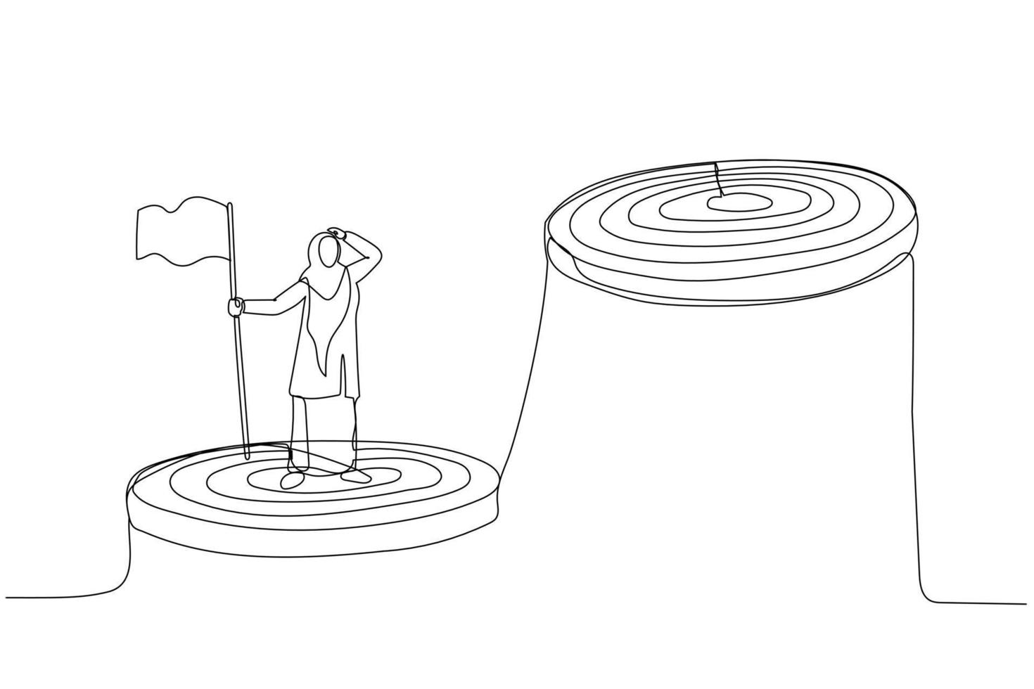 illustration einer muslimischen geschäftsfrau, die die leiter hinaufklettert, das ziel erreicht und nach dem nächsten größeren schritt sucht. fortlaufende Strichzeichnungen vektor