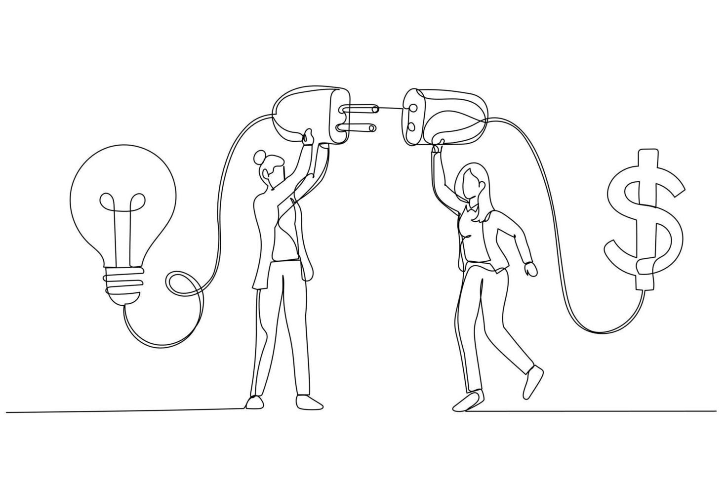 karikatur der geschäftsfrau verbinden glühbirne mit geld dollarzeichen konzept der finanziellen unterstützung. Kunststil mit einer durchgehenden Linie vektor