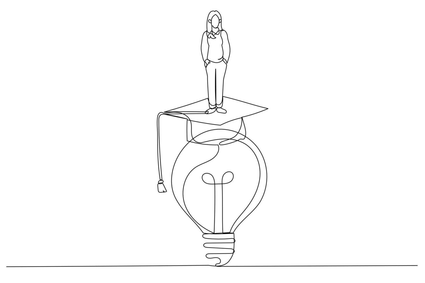 Zeichnung der Geschäftsfrau klettern auf helle Glühbirne Idee waring Doktorhut Graduierung Kappe Konzept der Bildungshilfe. ein Kunststil mit durchgehender Linie vektor