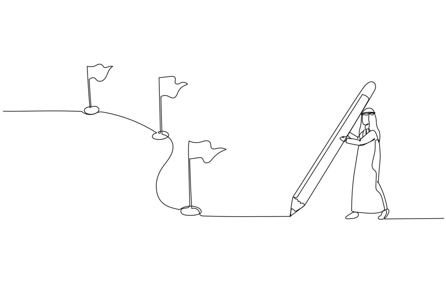 zeichnung eines arabischen geschäftsmannes mit bleistiftlinie mit flagge als meilensteine. Kunststil mit durchgehender Linie vektor