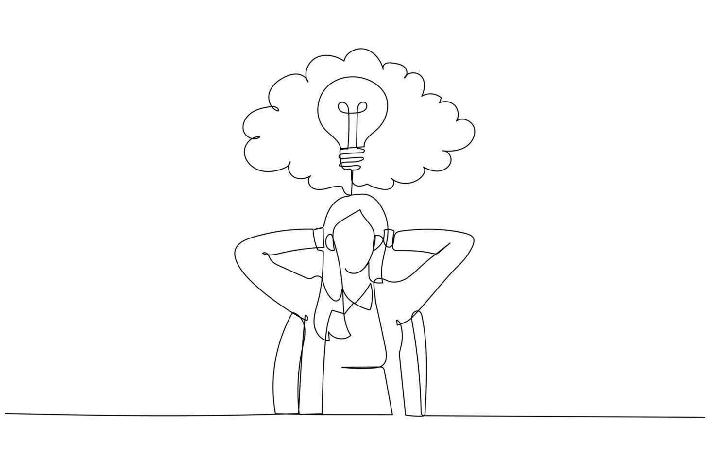 Illustration einer Geschäftsfrau, die im Bürostuhl vor einer Wand mit Wolkengedanken sitzt. fortlaufende Strichzeichnungen vektor