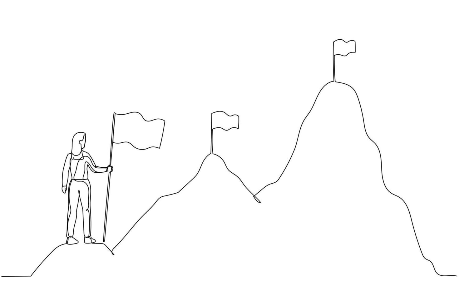 tecknad serie av affärskvinna klättrande upp bergen begrepp av företag utveckling. ett linje konst stil vektor
