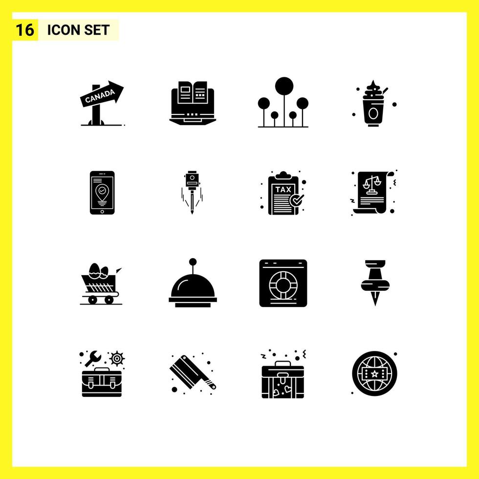 Solide Glyphenpackung mit 16 universellen Symbolen für Standortsüßigkeiten, Wald, süßes Essen, editierbare Vektordesign-Elemente vektor