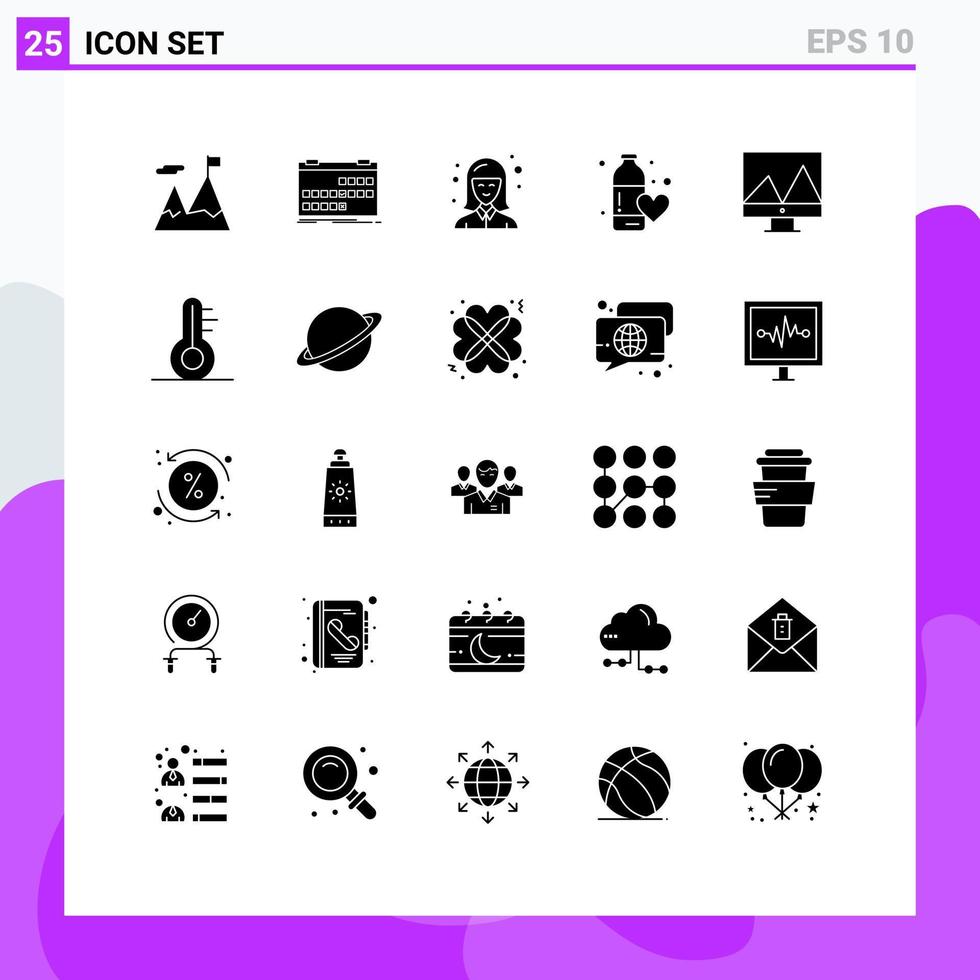 mobil gränssnitt fast glyf uppsättning av 25 piktogram av kärlek sporter schema kondition hälsa kvinna redigerbar vektor design element