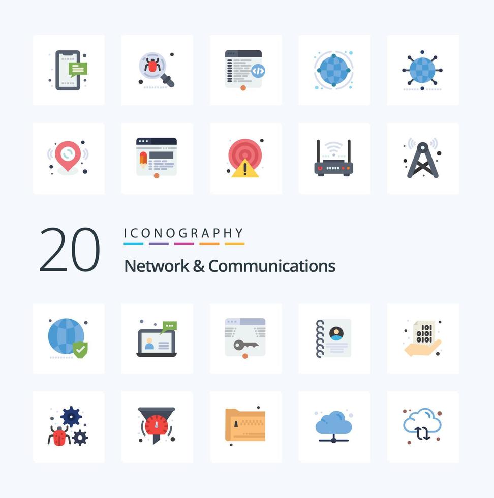 20 flaches Symbolpaket für Netzwerke und Kommunikation wie Benutzerkontakte Kundenlogin-Web vektor