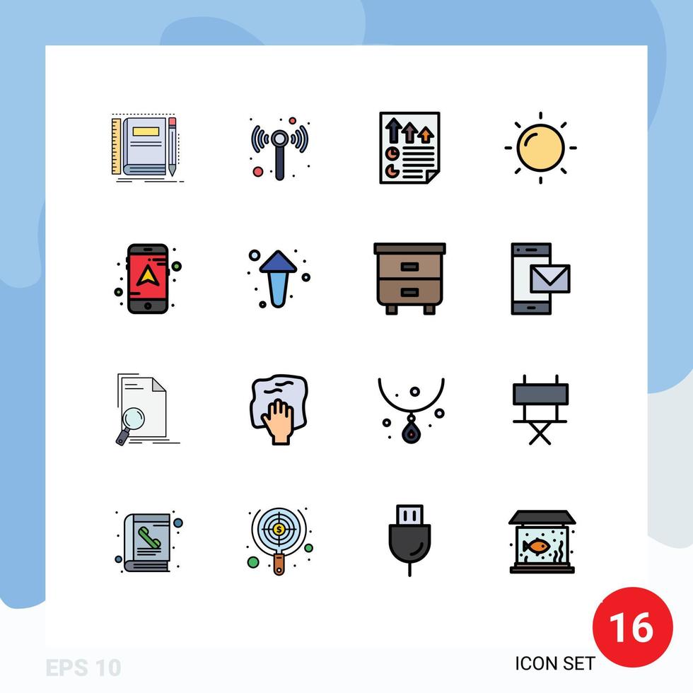 16 flache, farbgefüllte Linienkonzepte für mobile Websites und Apps Navigationskartenpfeile Sonnenbericht editierbare kreative Vektordesignelemente vektor