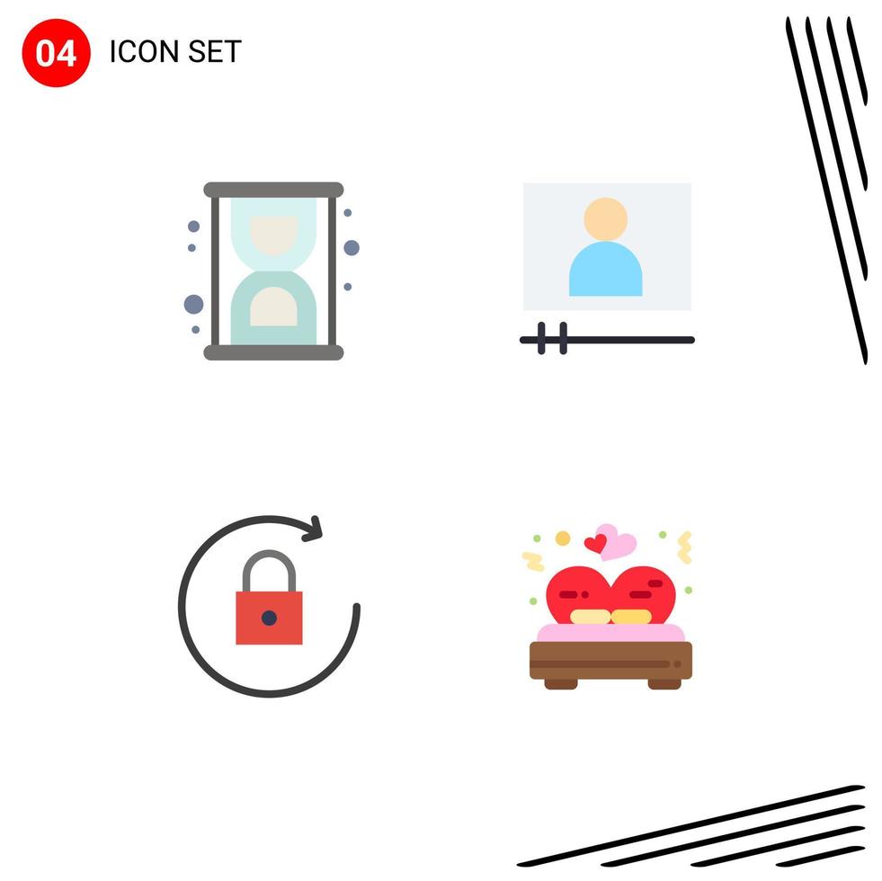 4 flaches Symbolkonzept für mobile Websites und Apps Sanduhr-Bett-Videopfeil-Valentinsgruß editierbare Vektordesign-Elemente vektor