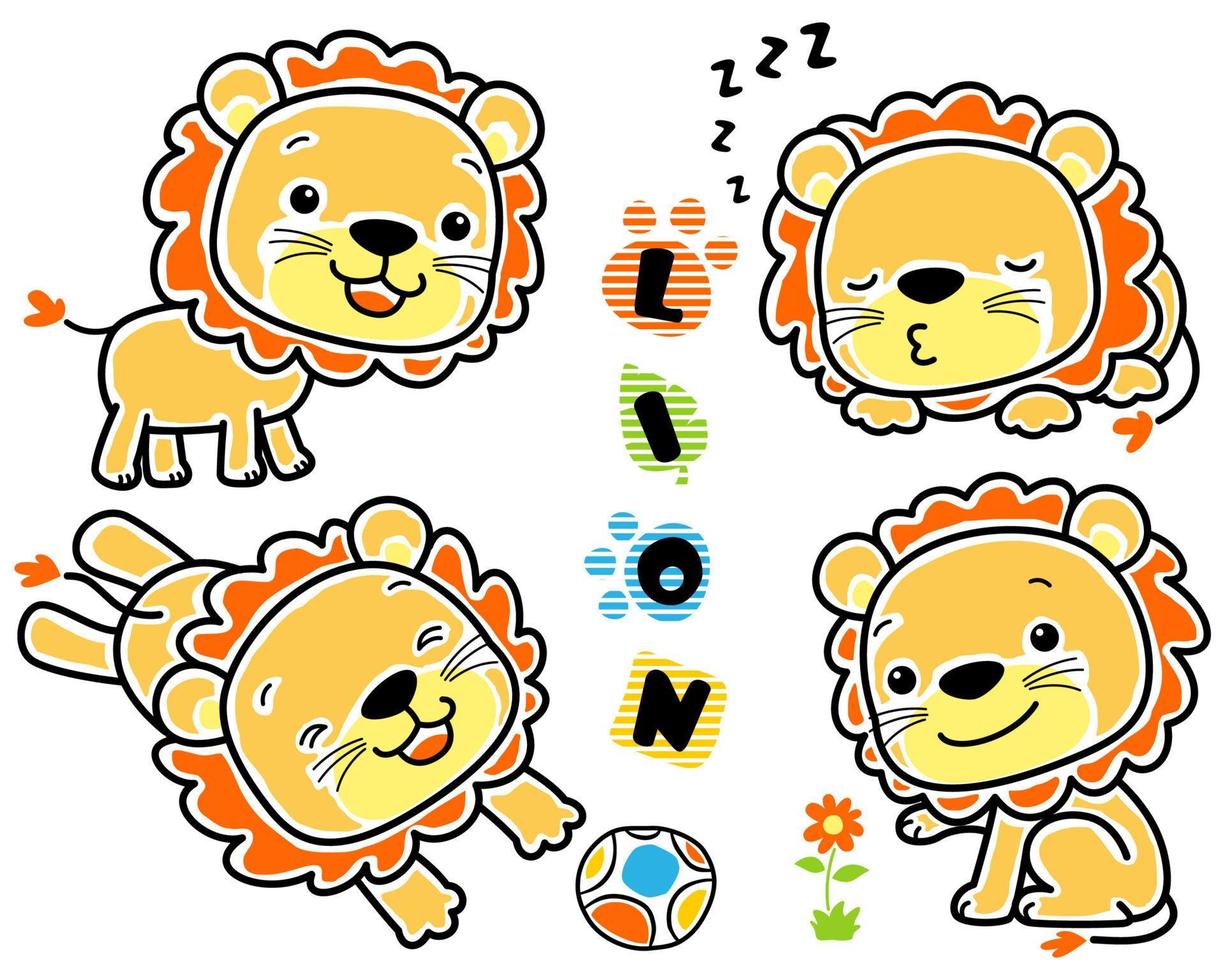 vektor uppsättning av hand dragen bebis lejon tecknad serie i annorlunda aktivitet