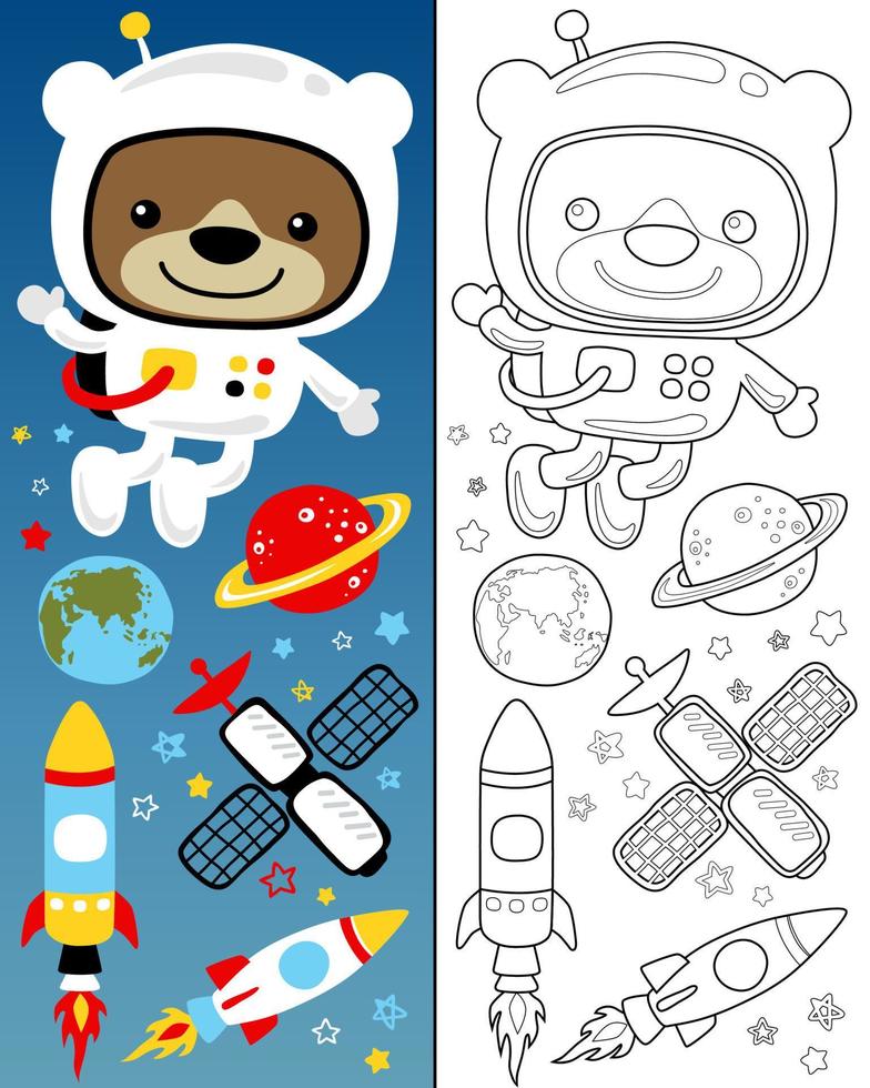 vektor illustration av rolig Björn bär astronaut kostym med Plats element tecknad serie. färg bok eller sida.