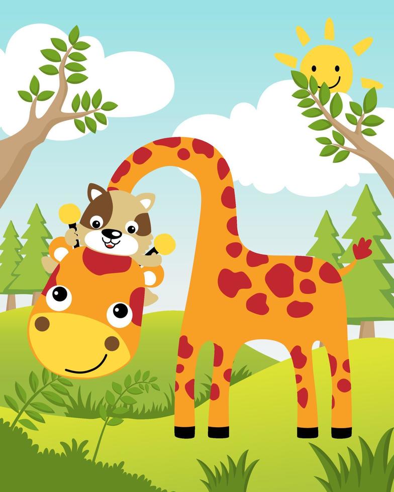 Karikatur der lustigen Katze, die auf dem Hals der Giraffe im Dschungel auf Hintergrund des blauen Himmels reitet vektor
