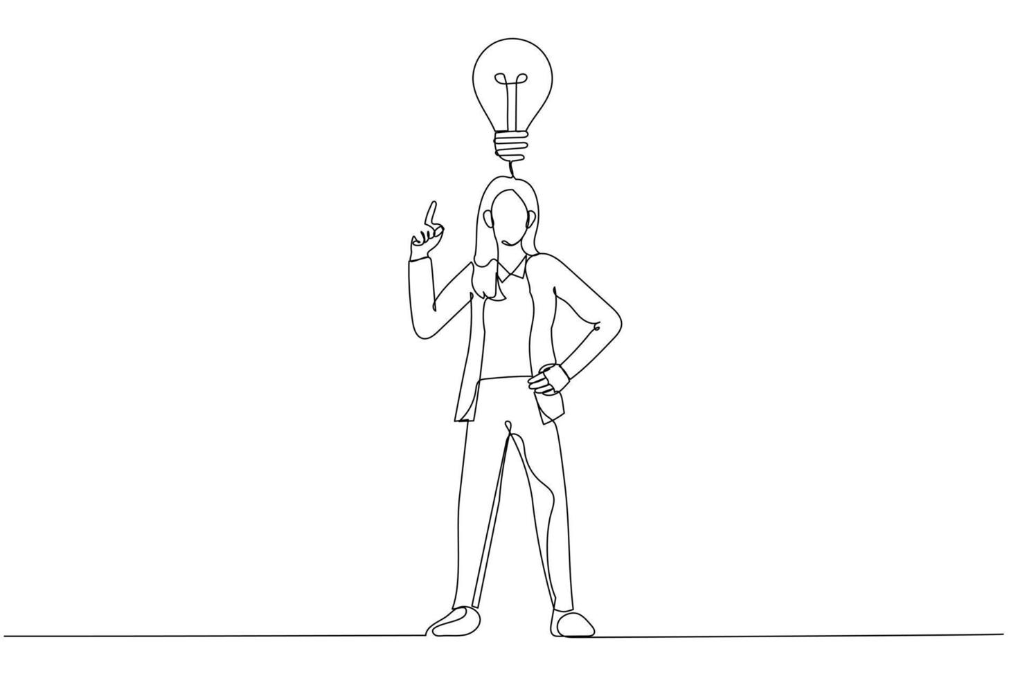 tecknad serie av affärskvinna med ljus Glödlampa liknelse för innovation och inspiration. enda kontinuerlig linje konst stil vektor