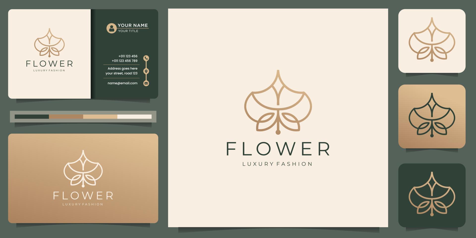 minimalistisches Blumenlinien-Logo-Design mit Visitenkartenvorlage. kreative blumenlinie luxusmode. vektor