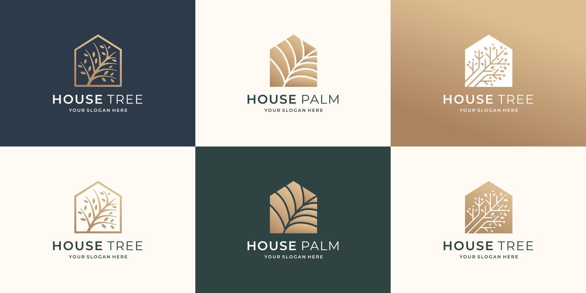 uppsättning av samling hus logotyp mall. hus träd, hus handflatan, hus inspiration design. vektor