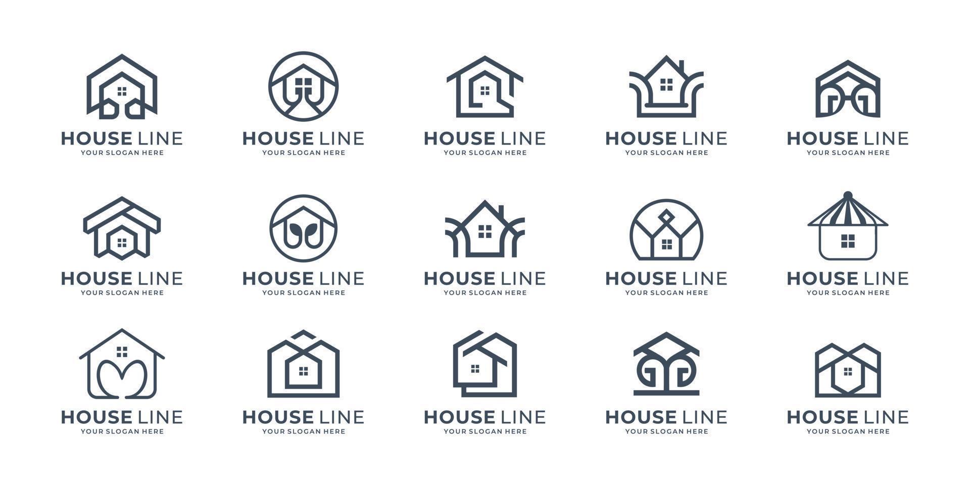 uppsättning av abstrakt hus linje logotyp mall inspiration. Hem logotyp med linje konst stil begrepp design. vektor