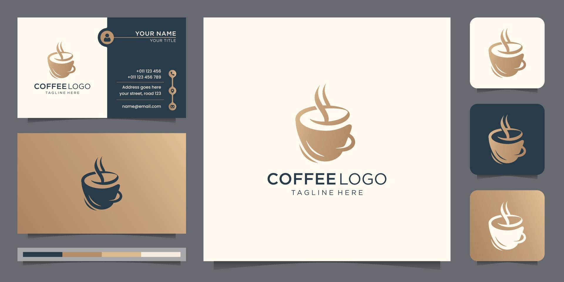 elegante Kaffee-Logo-Design-Vorlage und Visitenkarte. goldene farbe, kaffeetasse, kreative tasse. vektor