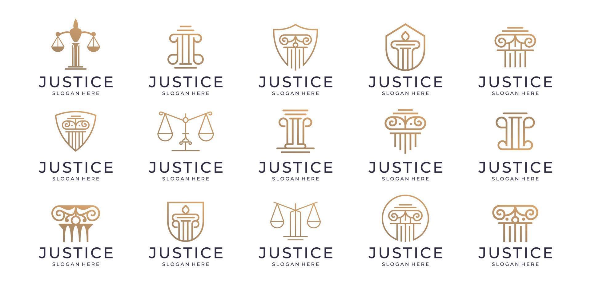 Set von fantastischem Logo-Design für Anwaltskanzleien. Sammlung von Gerechtigkeitsgesetzen in Goldfarbe, lineares Stilkonzept. vektor