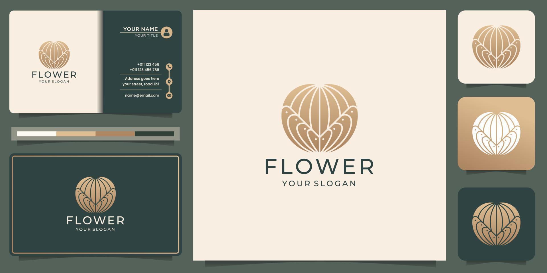 kreative Monolinie Silhouettenform Blumenlogo abstrakt mit goldener Farbe und Visitenkartendesign. vektor