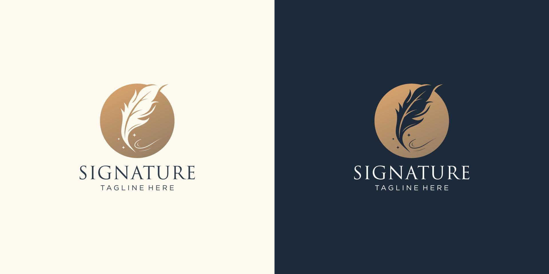 kreative Quill-Signatur-Logo-Vorlage im Negativraum-Kreisrahmen. Luxus-Signatur-Stiftfeder. vektor