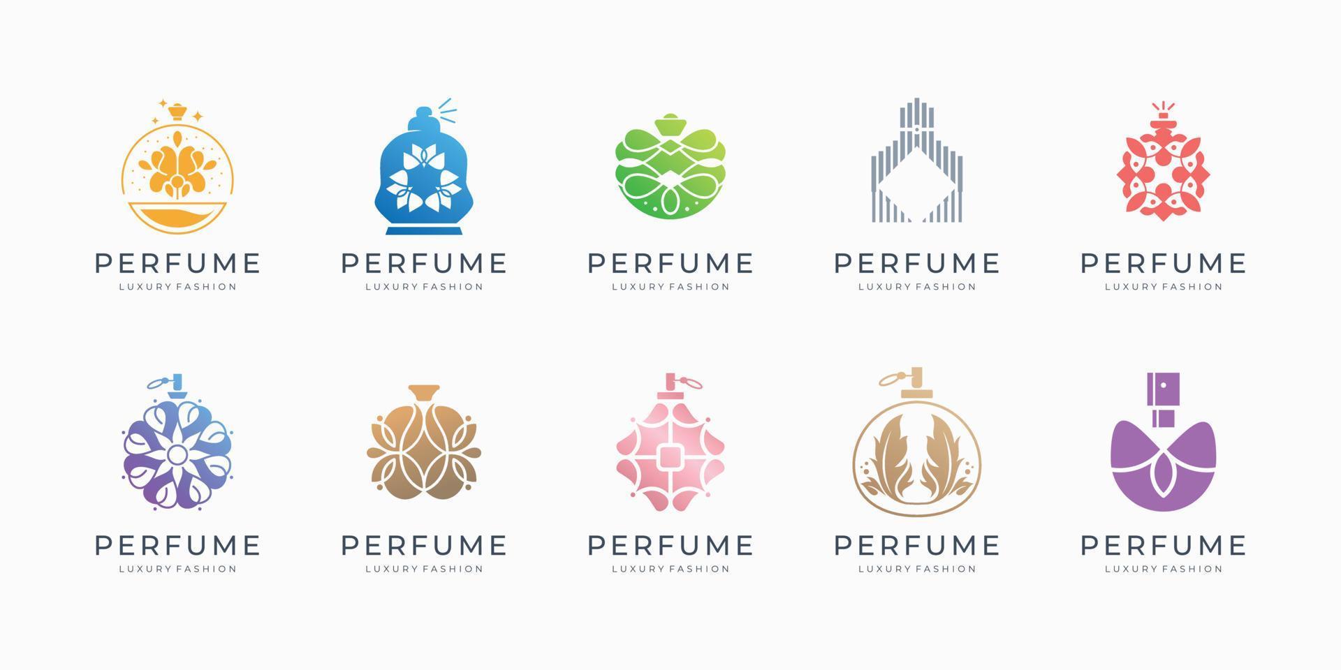 Luxuskollektion von Parfüm-Logo-Vorlagen mit Farbverlauf-Inspiration. Logo der Parfümflasche. vektor