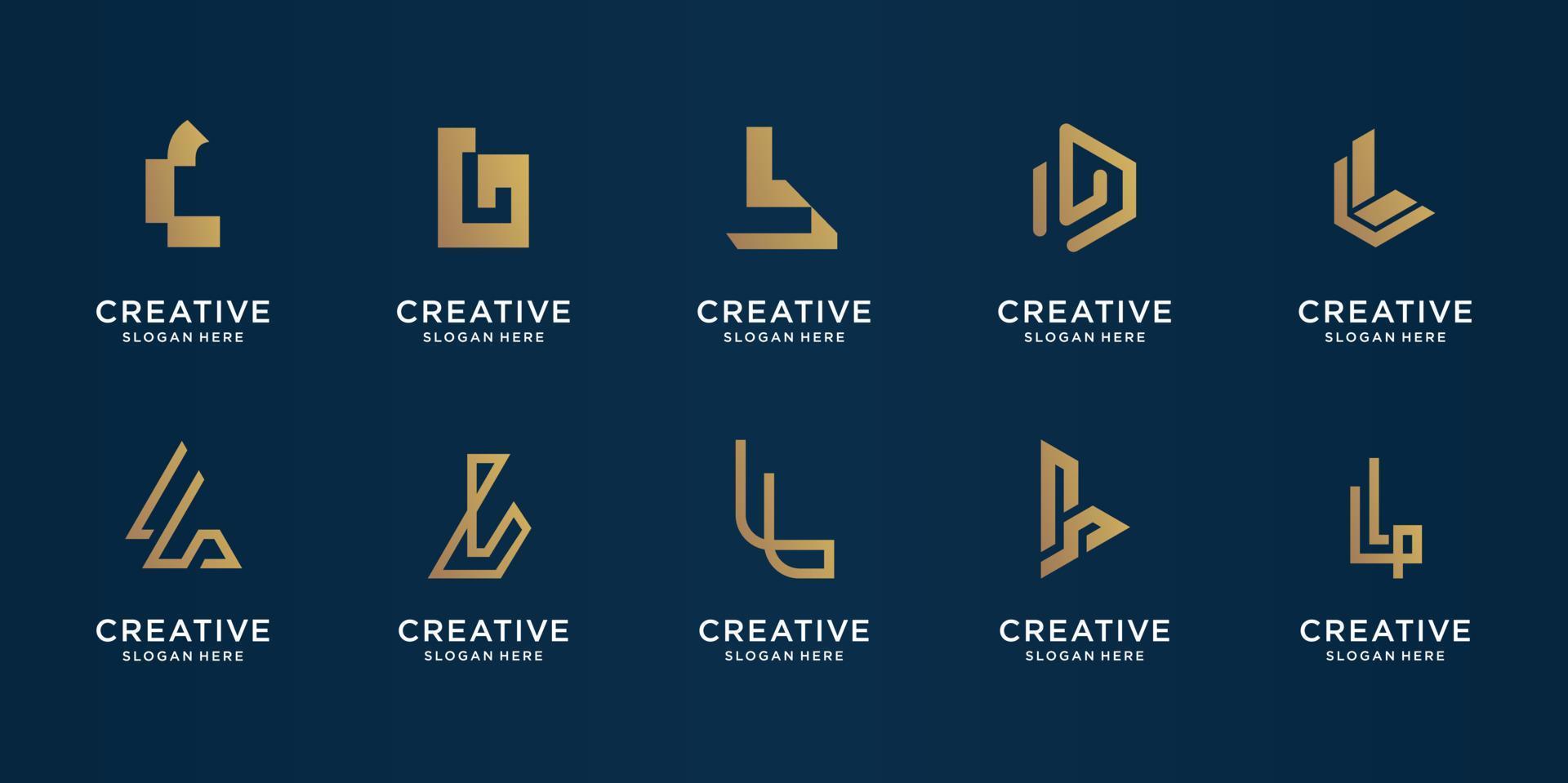 uppsättning av kreativ monogram brev l guld. logotyp mall.ikoner för företag, lyx, teknik, inspiration, illustration. premie vektor