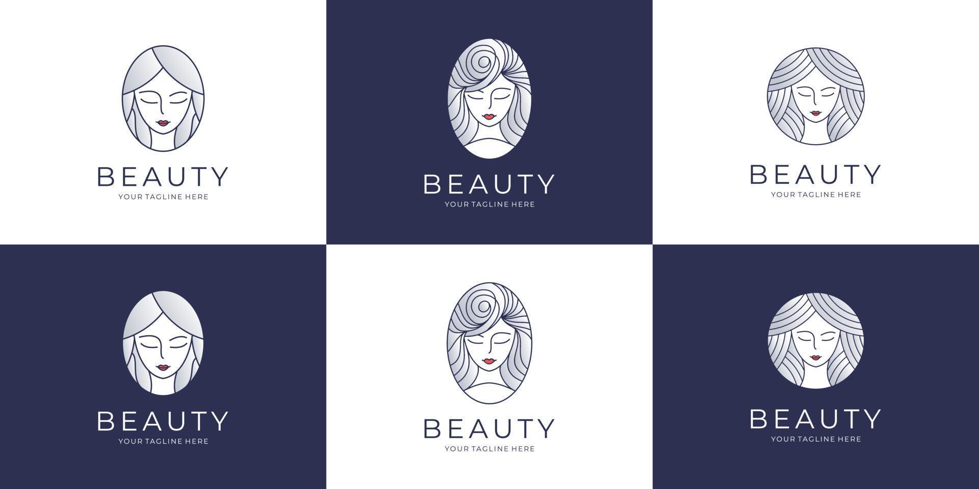 satz von femininen schönheitsfrauen-logo-design. Haarschnitt-Logo, elegantes Schönheitsgesicht, Beauty-Branding-Logo. vektor