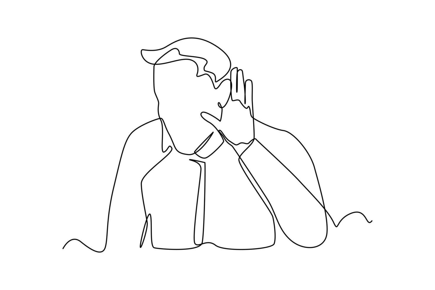 fortlaufende einzeilige Zeichnung Überprüfen Sie Ihr Gehör. positiver mann hält seine hand in der nähe seines ohrs. Kommunikationskonzept. einzeiliges zeichnen design vektorgrafik illustration. vektor