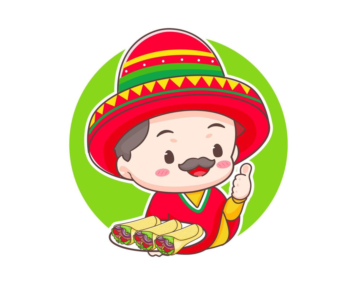 süßer mexikanischer koch mit sombrero-hut-zeichentrickfigur. Burrito-Symbol-Logo-Illustration. mexikanisches traditionelles straßenessen. vektor
