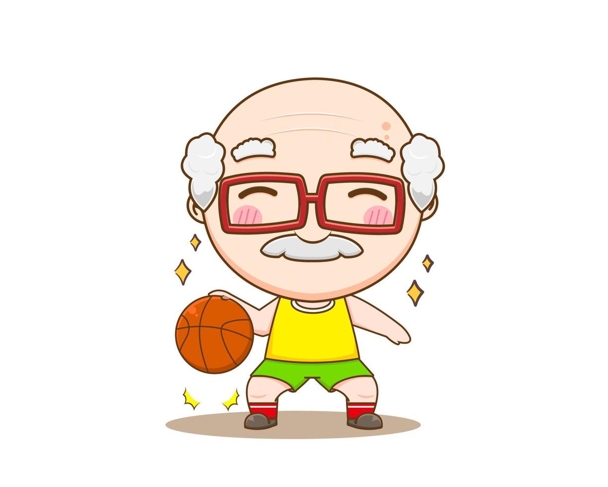 söt morfar tecknad serie karaktär. farfar spelar basketboll chibi illustration. vektor