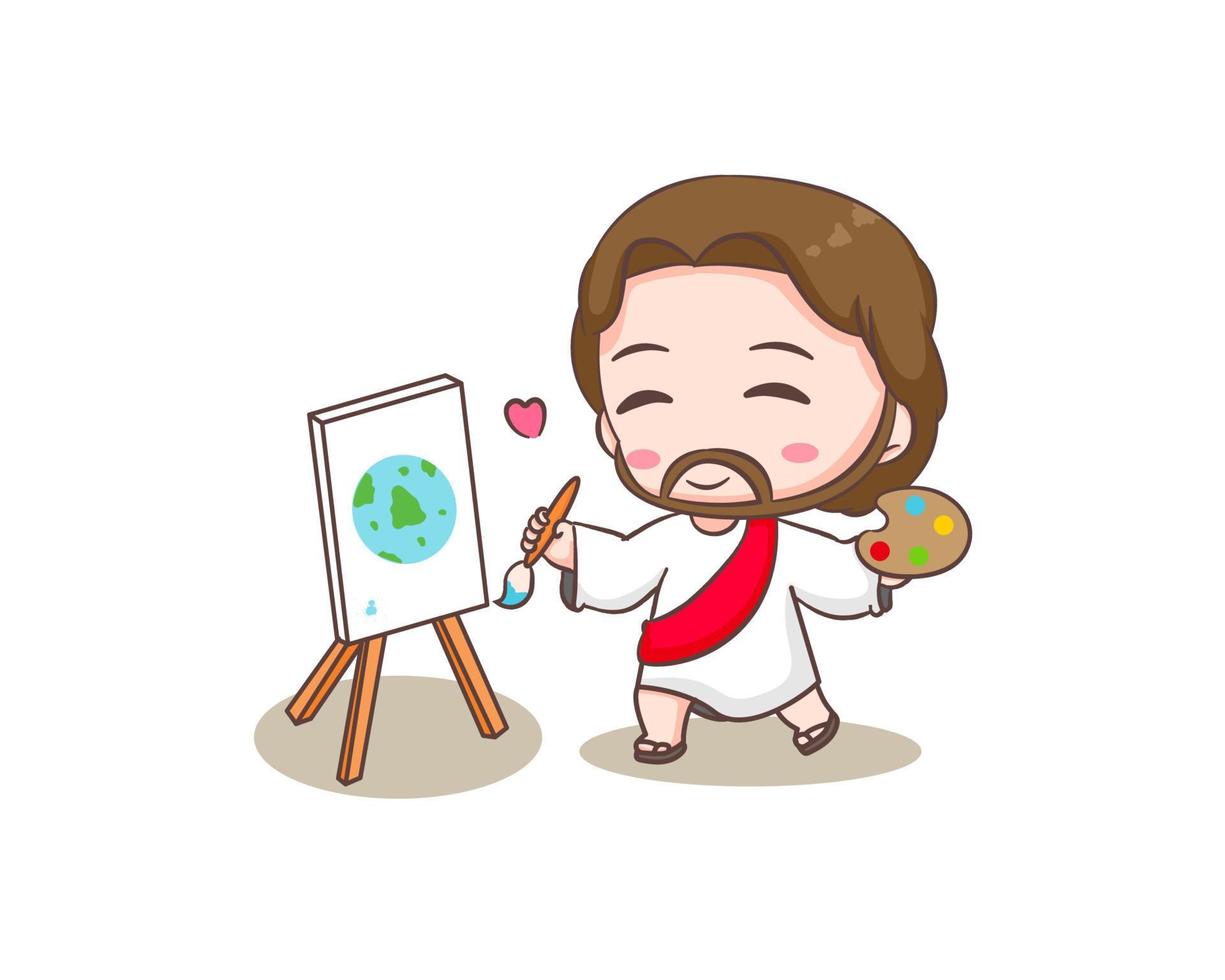 niedliche jesus christus-zeichentrickfigur, die die erde keucht. hand gezeichneter chibi-charakter, clipart, aufkleber, lokalisierter weißer hintergrund. christliche bibel für kinder. Maskottchen-Logo-Symbol Vektor-Kunst-Illustration vektor