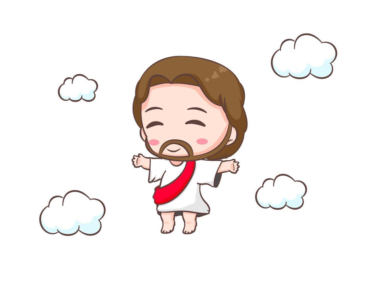 süße jesus christus zeichentrickfigur in der wolke. hand gezeichneter chibi-charakter, clipart, aufkleber, lokalisierter weißer hintergrund. Himmelfahrt Jesu Christi. Maskottchen-Logo-Symbol Vektor-Kunst-Illustration vektor