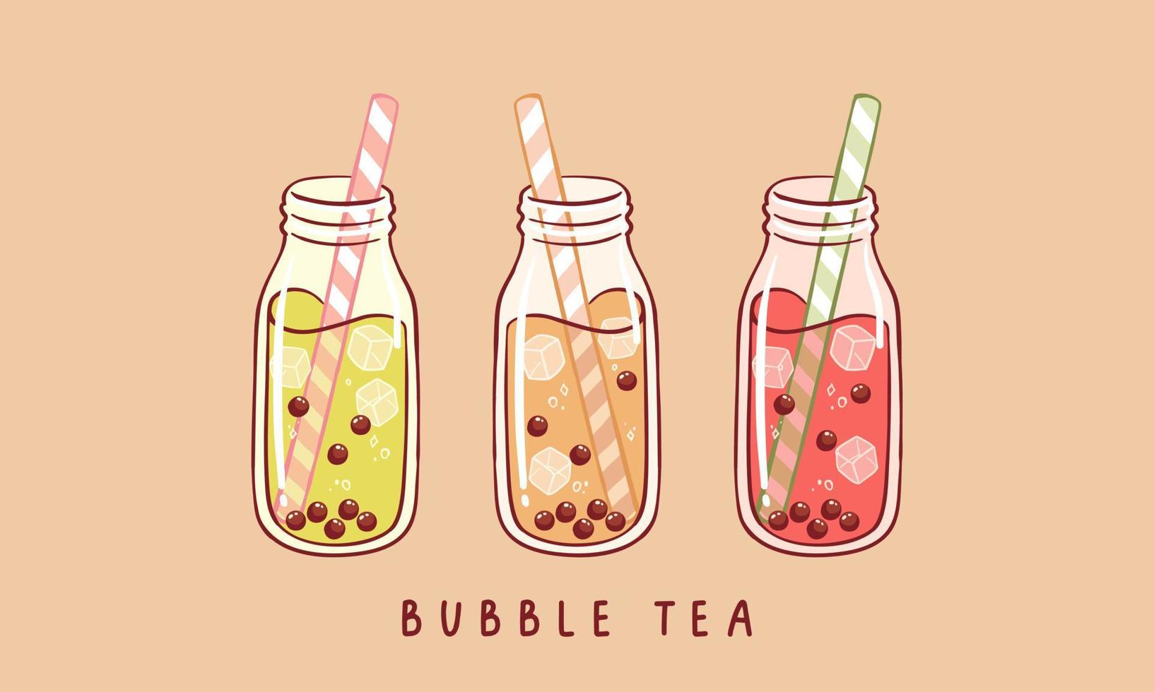 satz verschiedener bubble tea. Milchtee mit Tapiokaperlen. Boba-Tee. asiatisches taiwanesisches getränk. hand gezeichnete farbige trendige vektorillustration. Cartoon-Stil. flaches Design. alle Elemente sind isoliert vektor