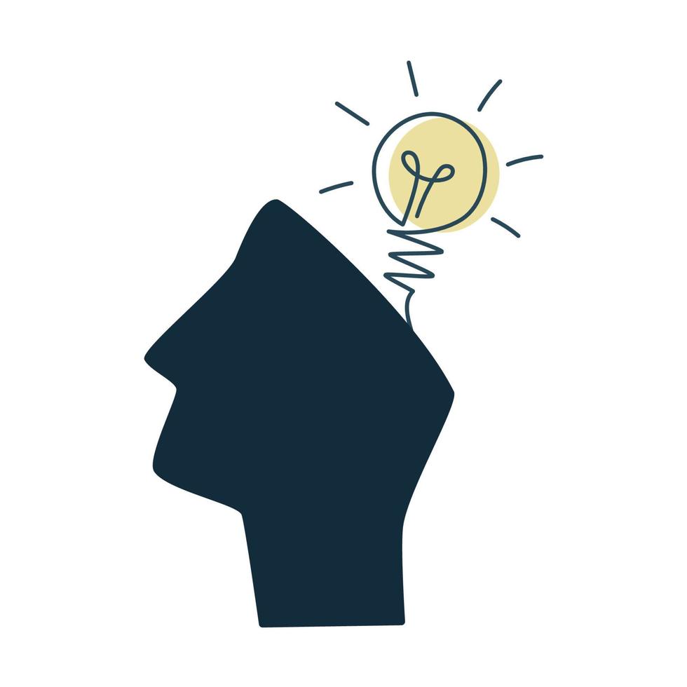 mänsklig huvud med ljus Glödlampa. kreativ, aning och fantasi begrepp. person är skapande en ny aning. lysande lampa med de hjärna. minimalistisk platt vektor illustration
