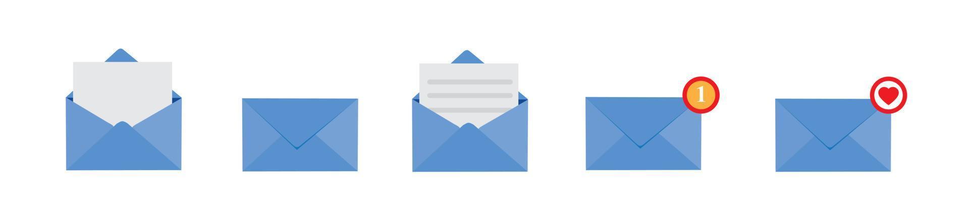 brev kuvert med papper dokumentera vektor illustration. stängd, öppen med en meddelande e-post kuvert. uppsättning brevlåda vektor ikoner i platt stil.