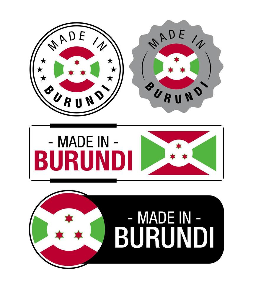 satz von made in burundi-etiketten, logo, burundi-flagge, burundi-produktemblem vektor