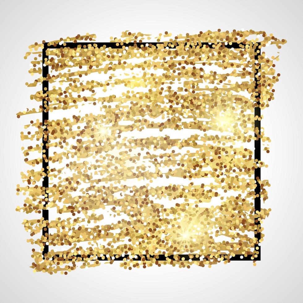 gyllene måla glittrande bakgrund med svart fyrkant ram på en vit bakgrund. bakgrund med guld pärlar och glitter effekt. tömma Plats för din text. vektor illustration