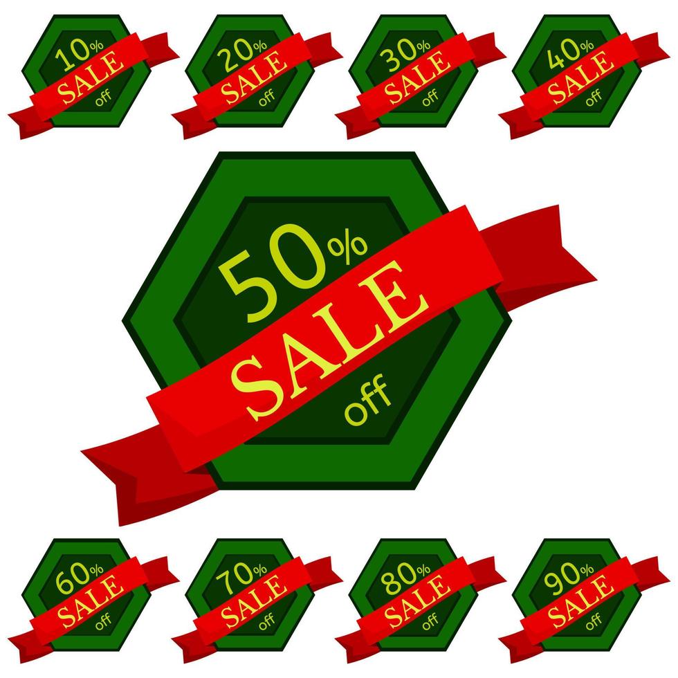 uppsättning av rabatt klistermärken. grön hexagonal märken med röd band för försäljning 10 - 90 procent av. vektor illustration.