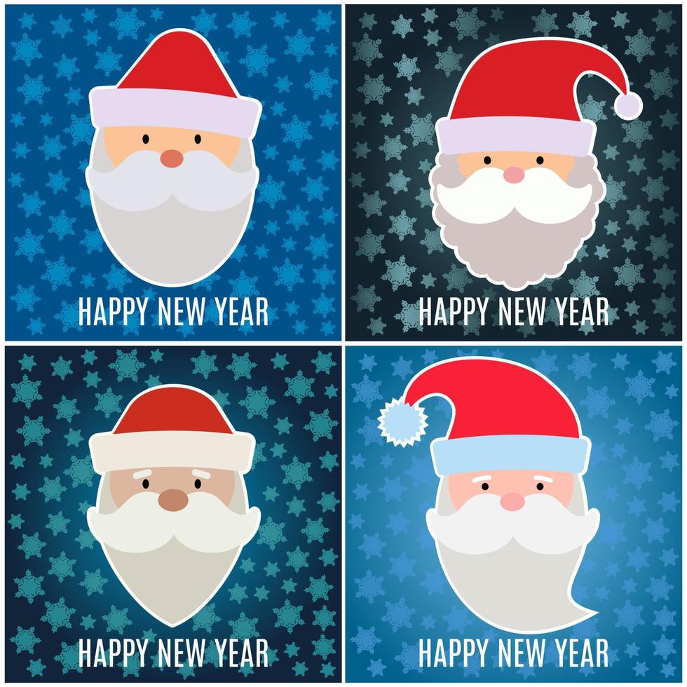 satz der neujahrsgrußkarte mit weihnachtsmann auf dunkelblauem hintergrund mit schneeflocken. vektor